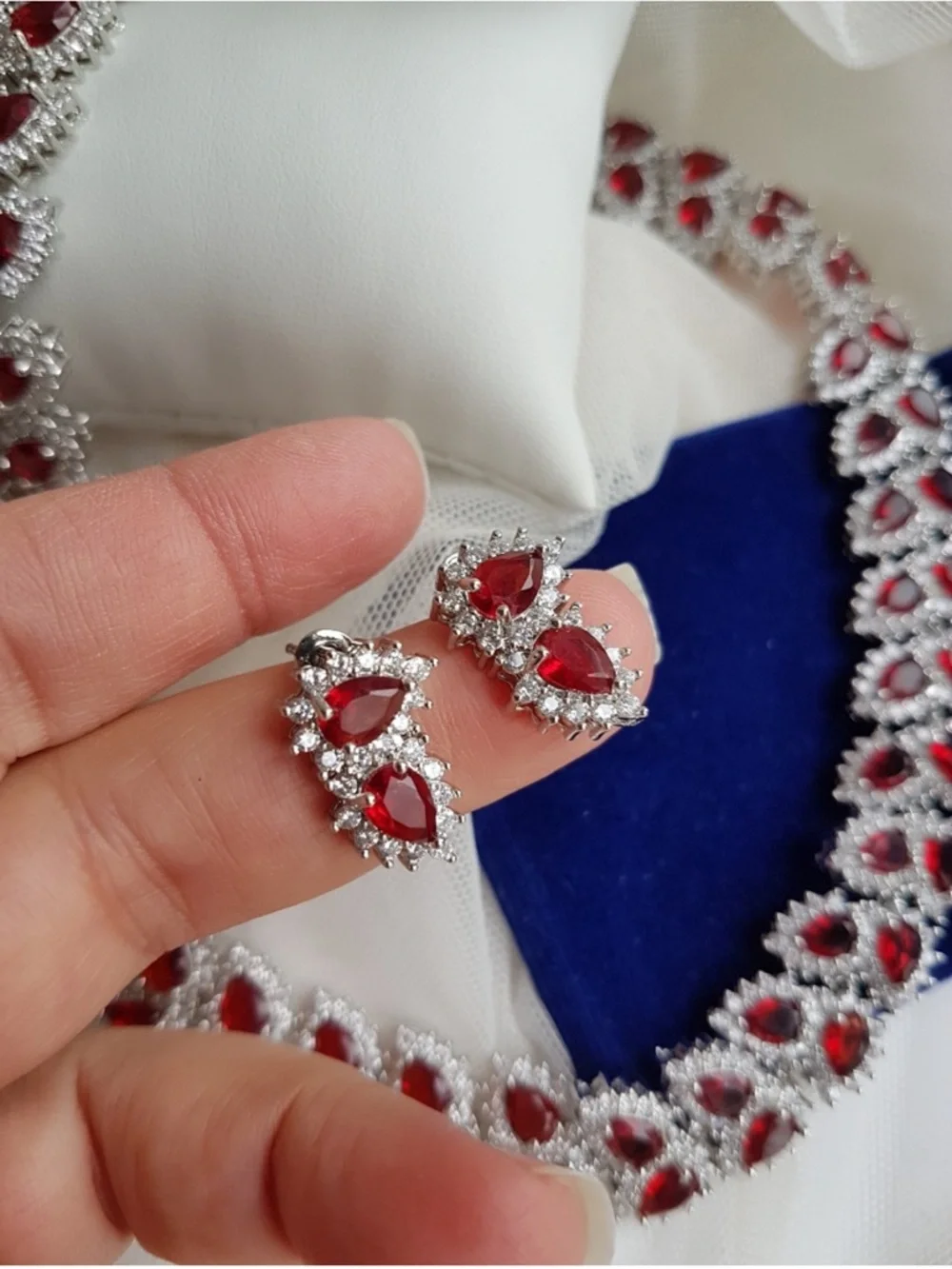 Swarovski Elements Platinum Ruby Red All-around Tennis Necklace & Earrings SET